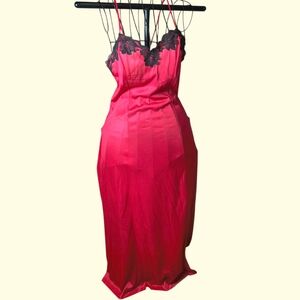 Vintage Red satin maxi slip nightgown with black lace trim